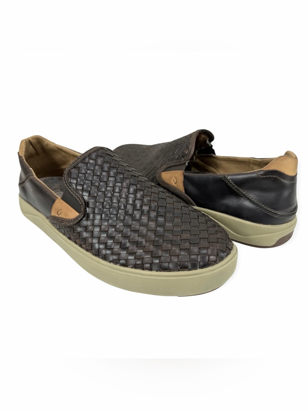 OluKai Laeahi Lauhala Men’s 11.5 Brown Woven Leather Slip On Shoes
